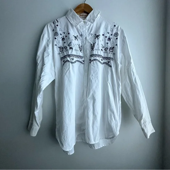 Vintage Women White Embroidered Button-Up Shirt - Picture 1 of 6